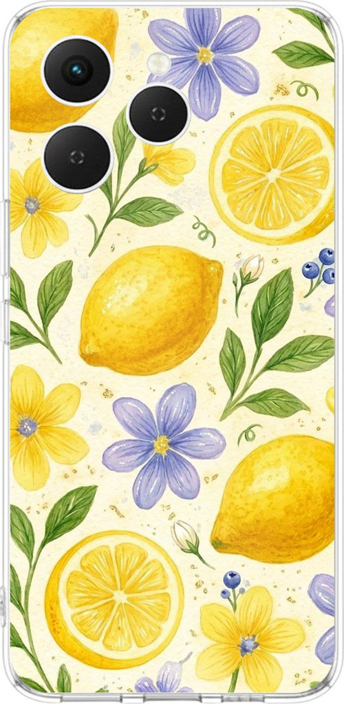 Tecno Spark 40 Uyumlu Sulu Boya Limon ve Çiçek Desenli Baskılı Silikon Kılıf
