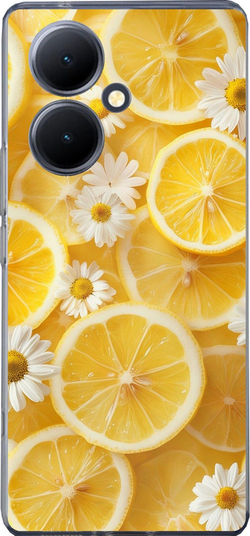 Vivo V29 Lite 5G Uyumlu Limon Dilimleri ve Papatya Desenli Baskılı Silikon Kılıf
