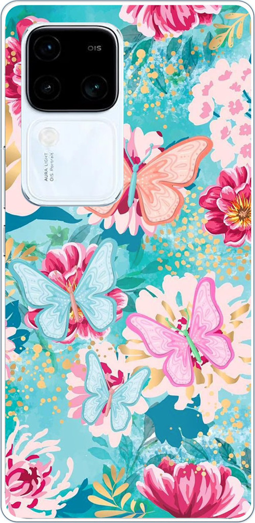 Vivo V30 Uyumlu Kelebekler ve Çiçekler Baskılı Silikon Kılıf