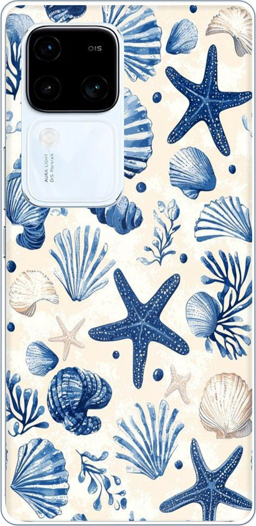 Vivo V30 Uyumlu Mavi Deniz Kabuğu ve Yıldız Desenli Baskılı Silikon Kılıf