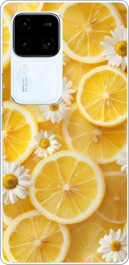 Vivo V30 Uyumlu Limon Dilimleri ve Papatya Desenli Baskılı Silikon Kılıf