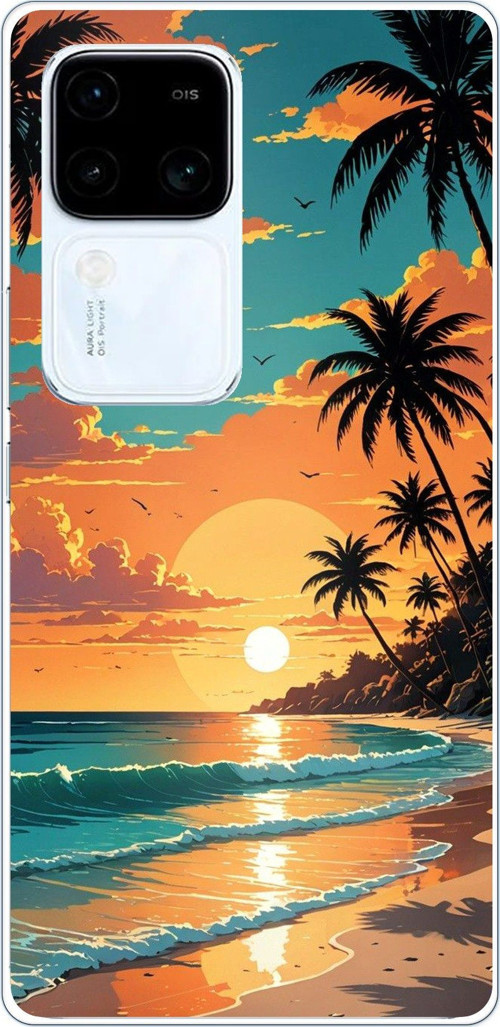 Vivo V30 Uyumlu Tropikal Sahil ve Gün Batımı Baskılı Silikon Kılıf