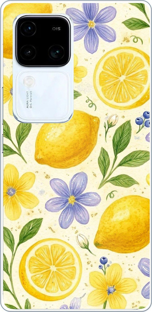 Vivo V30 Uyumlu Sulu Boya Limon ve Çiçek Desenli Baskılı Silikon Kılıf