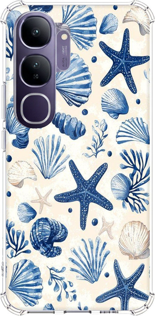 Vivo V40 Lite Uyumlu Mavi Deniz Kabuğu ve Yıldız Desenli Baskılı Silikon Kılıf