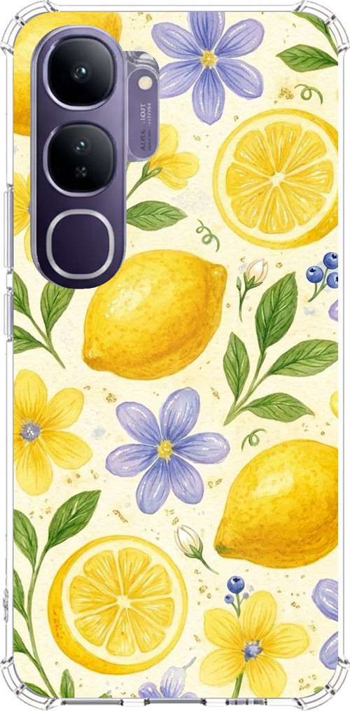 Vivo V40 Lite Uyumlu Sulu Boya Limon ve Çiçek Desenli Baskılı Silikon Kılıf