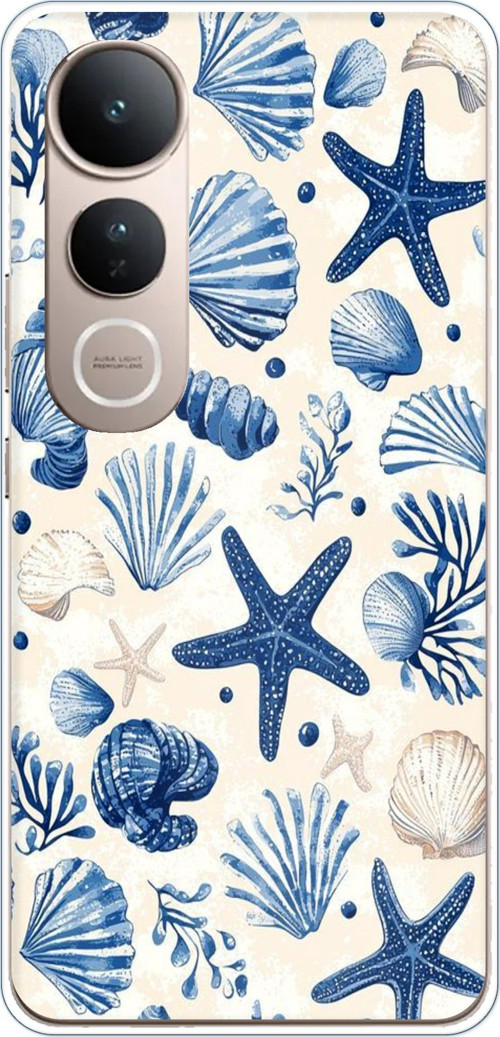 Vivo V50 Lite Uyumlu Mavi Deniz Kabuğu ve Yıldız Desenli Baskılı Silikon Kılıf
