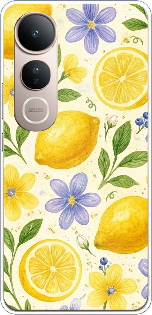 Vivo V50 Lite Uyumlu Sulu Boya Limon ve Çiçek Desenli Baskılı Silikon Kılıf