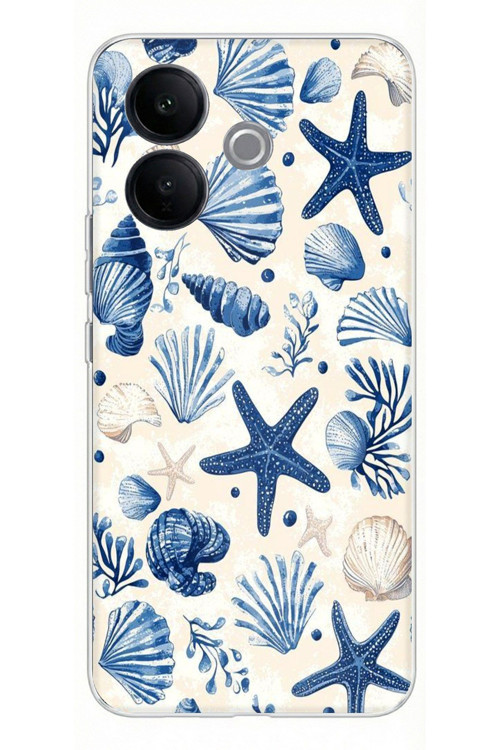 Vivo V60 Lite Uyumlu Mavi Deniz Kabuğu ve Yıldız Desenli Baskılı Silikon Kılıf