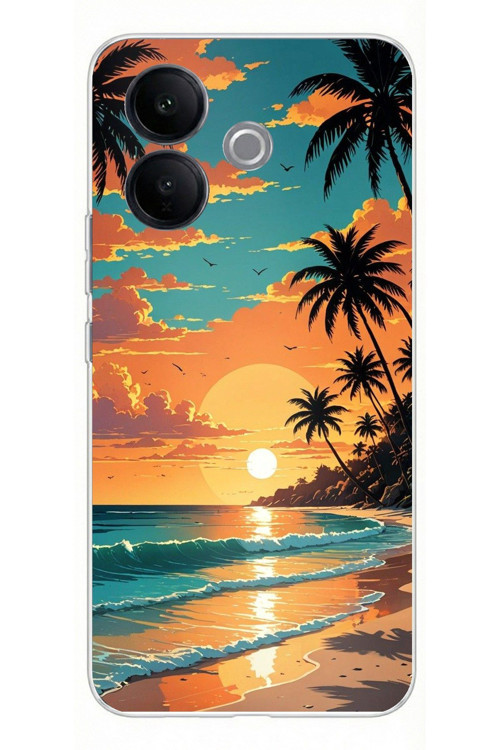 Vivo V60 Lite Uyumlu Tropikal Sahil ve Gün Batımı Baskılı Silikon Kılıf