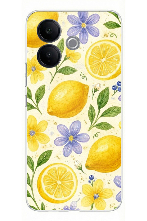 Vivo V60 Lite Uyumlu Sulu Boya Limon ve Çiçek Desenli Baskılı Silikon Kılıf