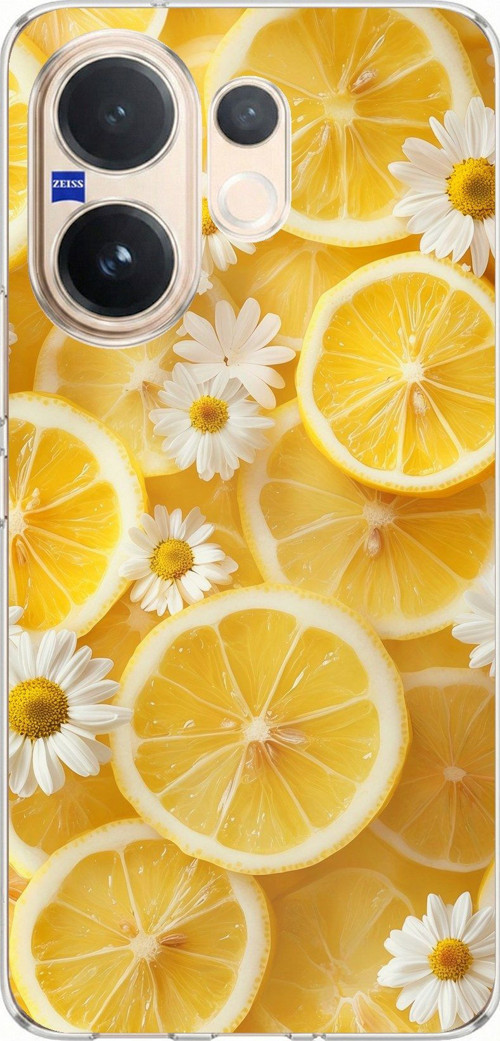 Vivo V60 Uyumlu Limon Dilimleri ve Papatya Desenli Baskılı Silikon Kılıf