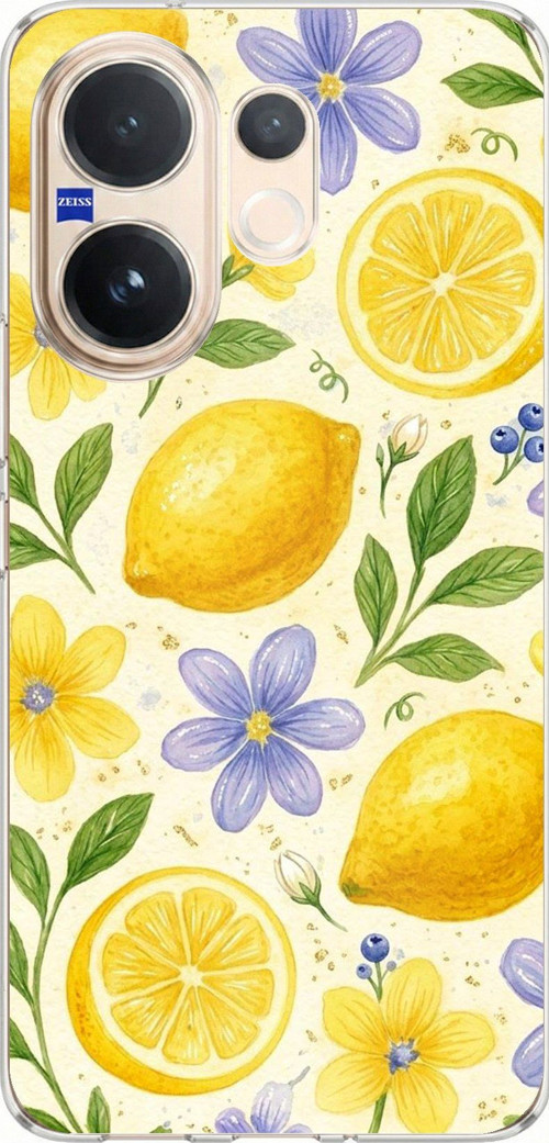 Vivo V60 Uyumlu Sulu Boya Limon ve Çiçek Desenli Baskılı Silikon Kılıf