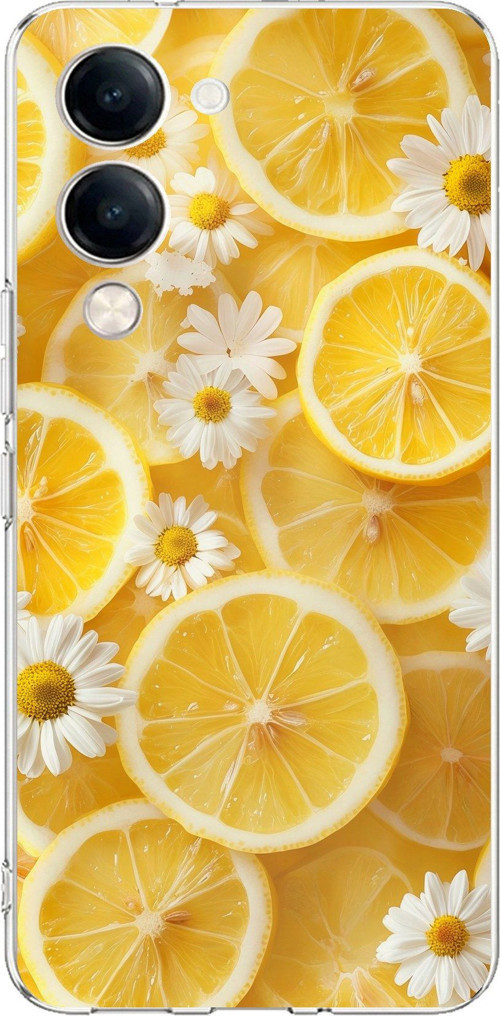 Vivo Y04 Uyumlu Limon Dilimleri ve Papatya Desenli Baskılı Silikon Kılıf