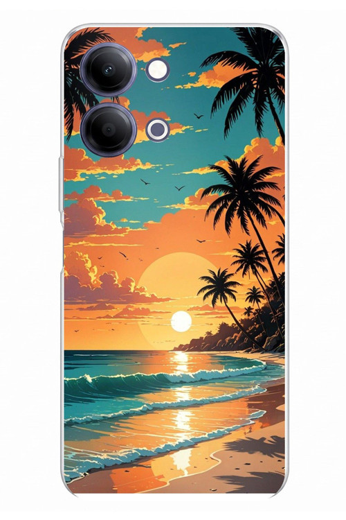 Vivo Y11D / Y05 4G Uyumlu Tropikal Sahil ve Gün Batımı Baskılı Silikon Kılıf