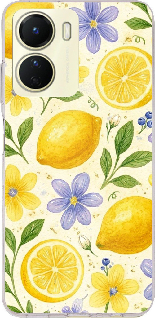 Vivo Y16 Uyumlu Sulu Boya Limon ve Çiçek Desenli Baskılı Silikon Kılıf
