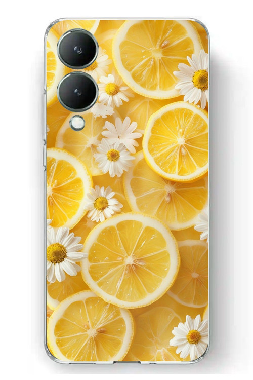 Vivo Y17s Uyumlu Limon Dilimleri ve Papatya Desenli Baskılı Silikon Kılıf