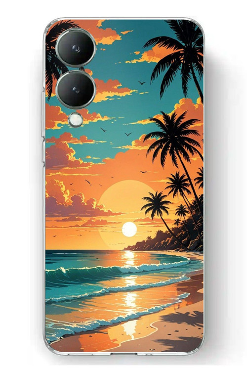Vivo Y17s Uyumlu Tropikal Sahil ve Gün Batımı Baskılı Silikon Kılıf