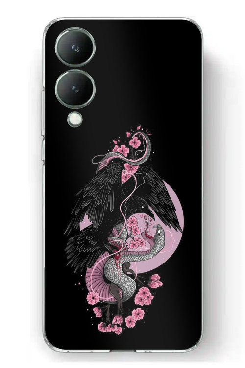 Vivo Y17s Uyumlu Pembe Siyah Yılan Baskılı Silikon Kılıf