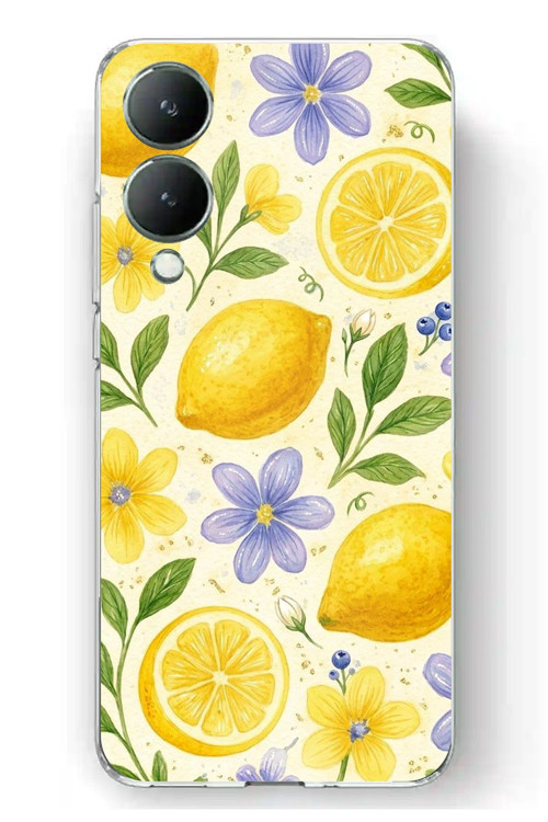 Vivo Y17s Uyumlu Sulu Boya Limon ve Çiçek Desenli Baskılı Silikon Kılıf