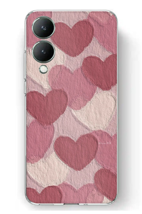 Vivo Y17s Uyumlu Pastel Gül Kurusu ve Pembe Kalpli Baskılı Silikon Kılıf