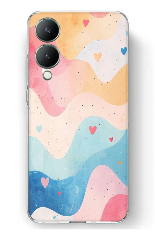 Vivo Y17s Uyumlu Pastel Renkli Dalgalı ve Kalp Baskılı Silikon Kılıf
