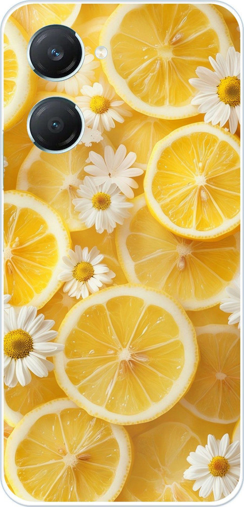 Vivo Y18 Uyumlu Limon Dilimleri ve Papatya Desenli Baskılı Silikon Kılıf