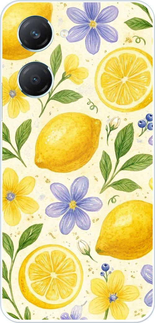 Vivo Y18 Uyumlu Sulu Boya Limon ve Çiçek Desenli Baskılı Silikon Kılıf