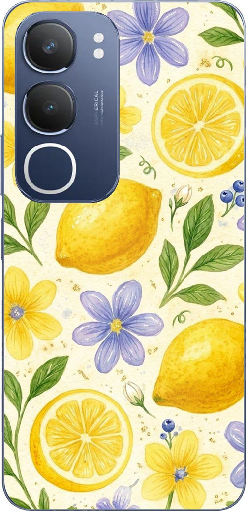 Vivo Y19s Uyumlu Sulu Boya Limon ve Çiçek Desenli Baskılı Silikon Kılıf