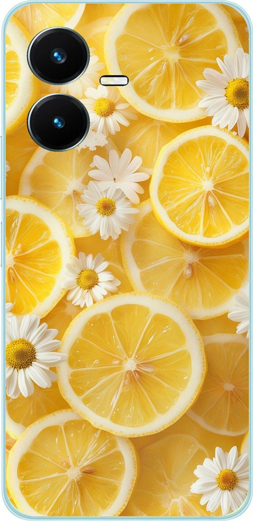 Vivo Y22S - Y35 Uyumlu Limon Dilimleri ve Papatya Desenli Baskılı Silikon Kılıf