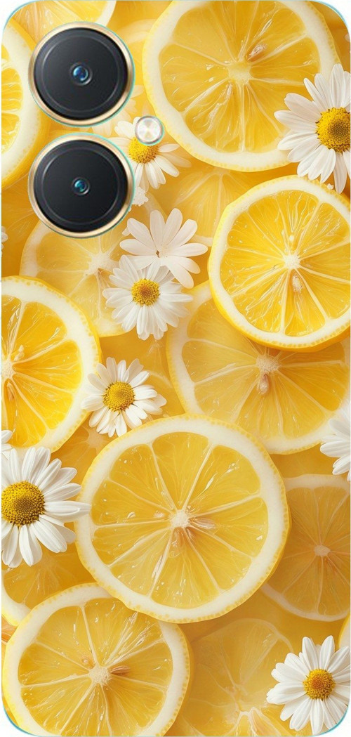 Vivo Y27 Uyumlu Limon Dilimleri ve Papatya Desenli Baskılı Silikon Kılıf