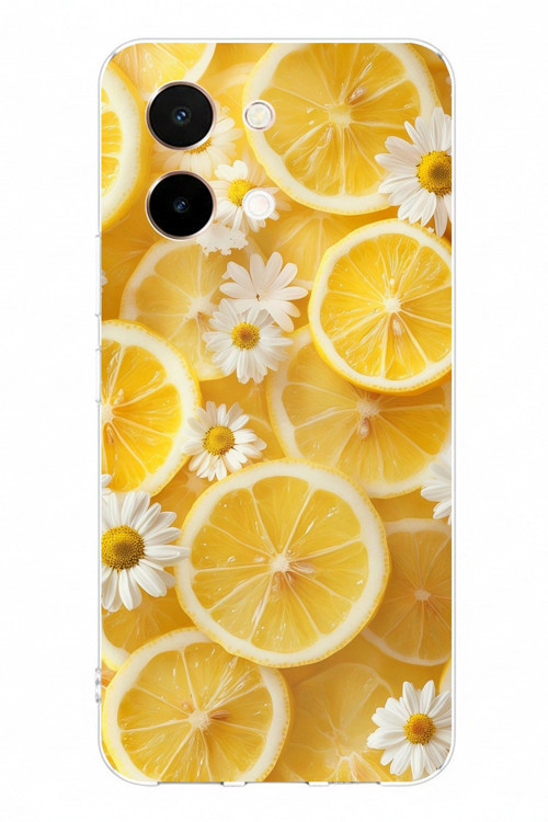 Vivo Y28 Uyumlu Limon Dilimleri ve Papatya Desenli Baskılı Silikon Kılıf