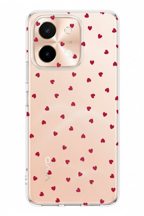 Vivo Y28 Uyumlu Kırmızı Kalpler Tasarımlı Baskılı Silikon Kılıf
