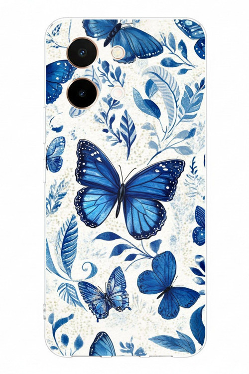 Vivo Y28 Uyumlu Mavi Kelebekler Baskılı Silikon Kılıf
