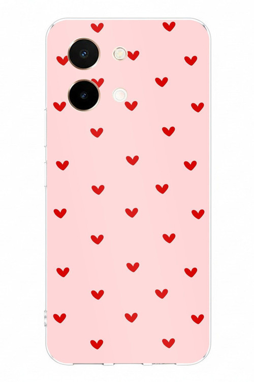 Vivo Y28 Uyumlu Kırmızı Minik Kalpler Baskılı Silikon Kılıf