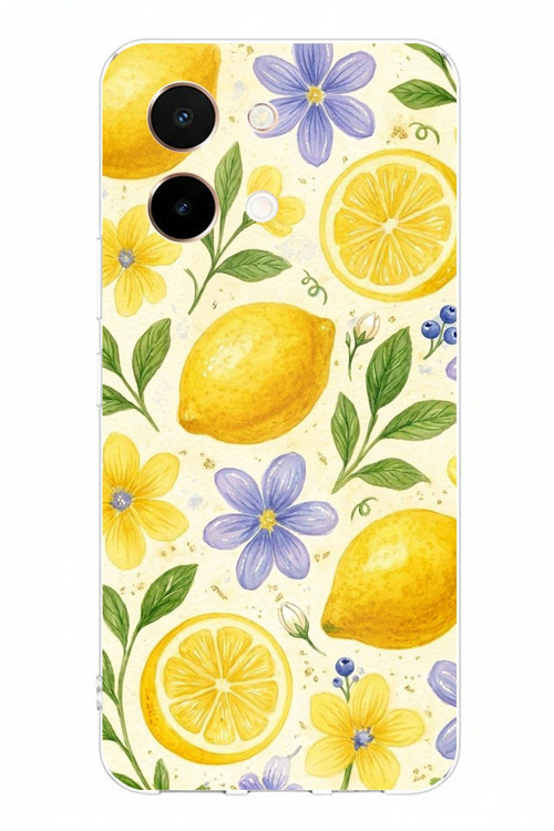 Vivo Y28 Uyumlu Sulu Boya Limon ve Çiçek Desenli Baskılı Silikon Kılıf