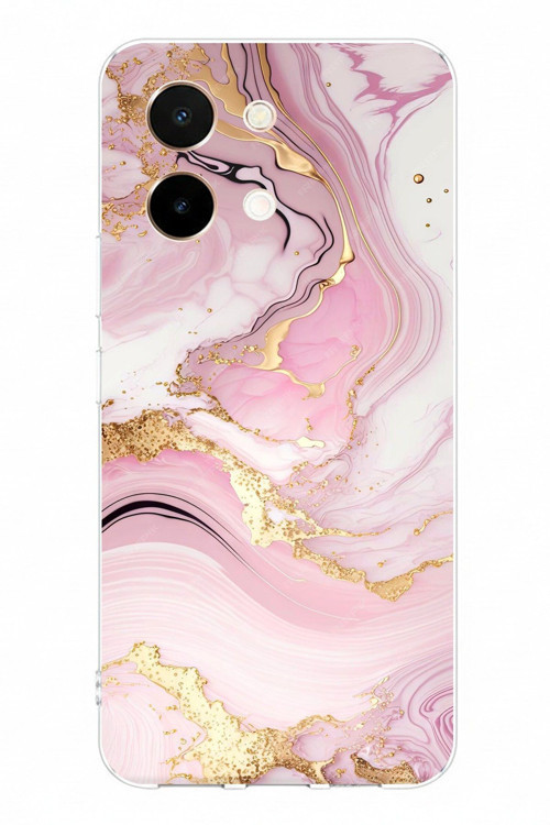 Vivo Y28 Uyumlu Pembe Mermer Baskılı Silikon Kılıf