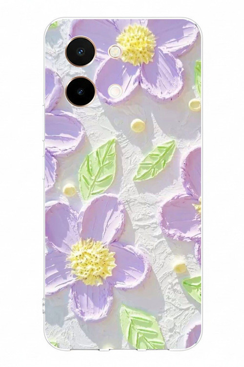 Vivo Y28 Uyumlu Mor Papatyalar Sulu Boya Baskılı Silikon Kılıf