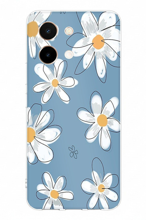 Vivo Y28 Uyumlu Mavi Papatya Bahçesi Baskılı Silikon Kılıf