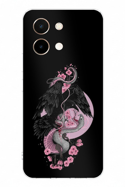 Vivo Y28 Uyumlu Pembe Siyah Yılan Baskılı Silikon Kılıf