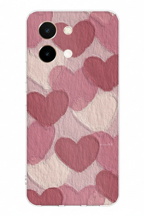 Vivo Y28 Uyumlu Pastel Gül Kurusu ve Pembe Kalpli Baskılı Silikon Kılıf