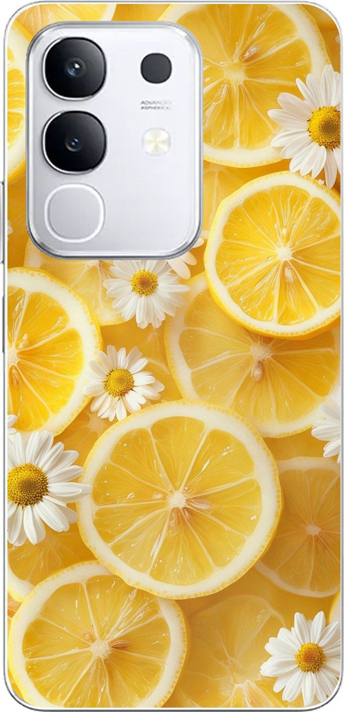 Vivo Y29 Uyumlu Limon Dilimleri ve Papatya Desenli Baskılı Silikon Kılıf