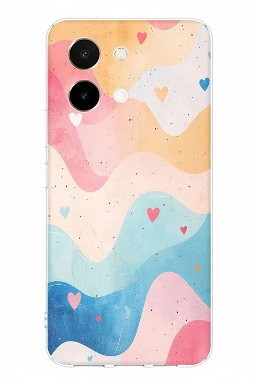 Vivo Y28 Uyumlu Pastel Renkli Dalgalı ve Kalp Baskılı Silikon Kılıf