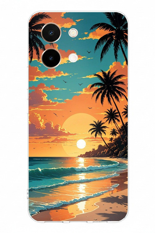 Vivo Y28 Uyumlu Tropikal Sahil ve Gün Batımı Baskılı Silikon Kılıf