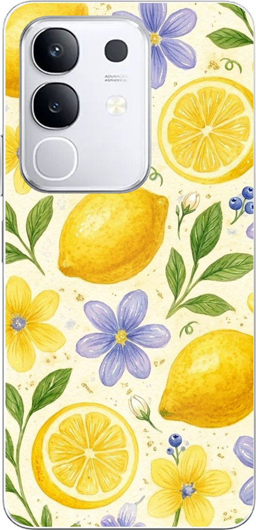 Vivo Y29 Uyumlu Sulu Boya Limon ve Çiçek Desenli Baskılı Silikon Kılıf