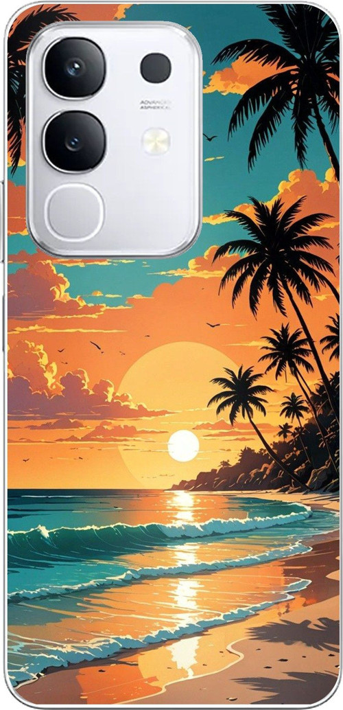 Vivo Y29 Uyumlu Tropikal Sahil ve Gün Batımı Baskılı Silikon Kılıf