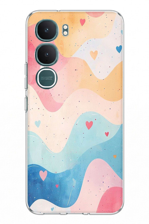 Vivo Y31 5G Uyumlu Pastel Renkli Dalgalı ve Kalp Baskılı Silikon Kılıf