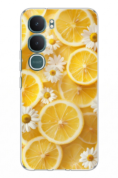 Vivo Y31 5G Uyumlu Limon Dilimleri ve Papatya Desenli Baskılı Silikon Kılıf