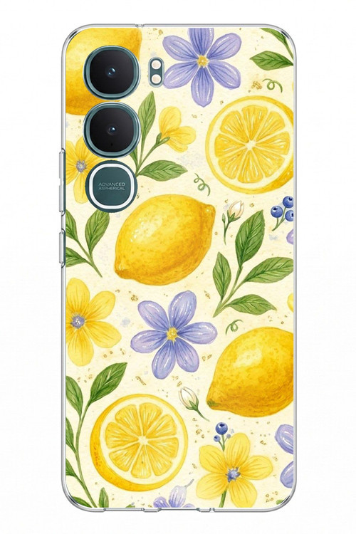 Vivo Y31 5G Uyumlu Sulu Boya Limon ve Çiçek Desenli Baskılı Silikon Kılıf