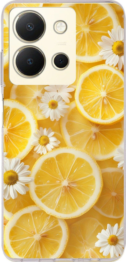 Vivo Y36 Uyumlu Limon Dilimleri ve Papatya Desenli Baskılı Silikon Kılıf