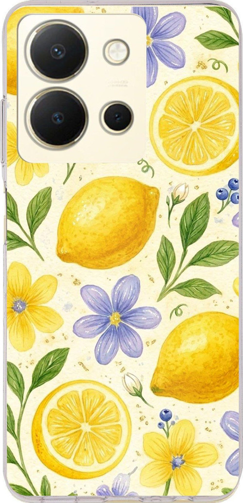 Vivo Y36 Uyumlu Sulu Boya Limon ve Çiçek Desenli Baskılı Silikon Kılıf